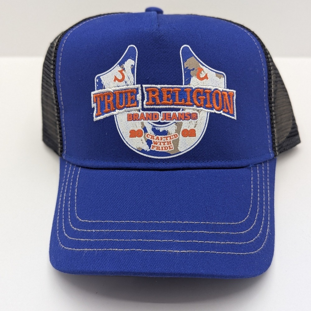True Religion Mens Surf The Web Blue Embroidered Trucker Hat Snapback TR4245 NEW